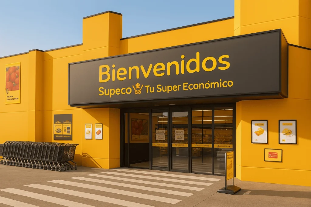 Foto de la puerta principal de uno de los mejores supermercados en Ronda. Supeco, marca blanca de Carrefour