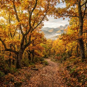 Paisaje espectacular del Valle del Genal y el Bosque de Cobre en otoño con castaños dorados en la Serranía de Ronda