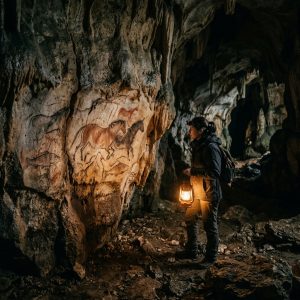 Pinturas rupestres paleolíticas originales de un pez gigante en las paredes de caliza dentro de la Cueva de la Pileta