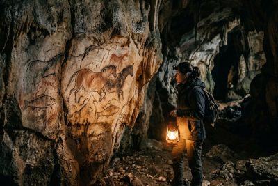 Pinturas rupestres paleolíticas originales de un pez gigante en las paredes de caliza dentro de la Cueva de la Pileta