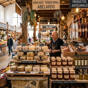 Puesto tradicional con quesos de cabra payoya y embutidos locales en el Mercado de Abastos de Ronda