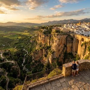 Espectacular atardecer teñido de tonos anaranjados y cálidos sobre los acantilados y el valle verde de Ronda