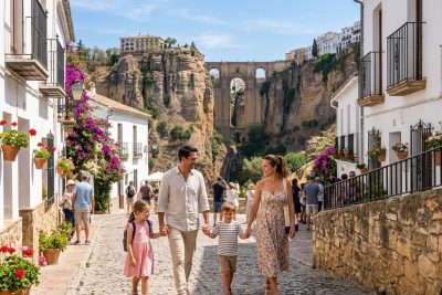 Familia con niños paseando por el centro histórico de Ronda con vistas al Puente Nuevo