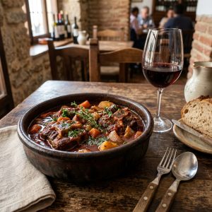 Plato tradicional de Rabo de Toro guisado al vino tinto en un restaurante de Ronda