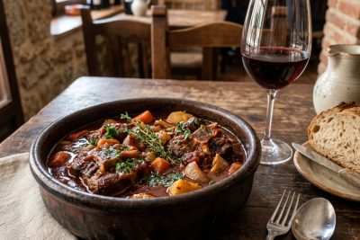 Plato tradicional de Rabo de Toro guisado al vino tinto en un restaurante de Ronda