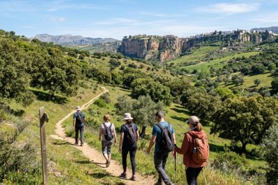 Grupo de senderistas caminando plácidamente por un sendero llano de dehesa verde cerca de Ronda