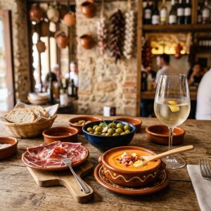 Variedad de tapas tradicionales andaluzas baratas en una taberna típica de Ronda