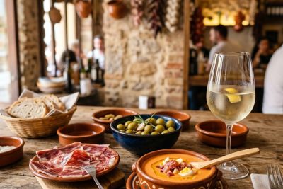 Variedad de tapas tradicionales andaluzas baratas en una taberna típica de Ronda