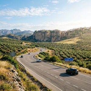 Espectacular carretera andaluza de montaña bordeando acantilados de caliza de camino a los pueblos blancos