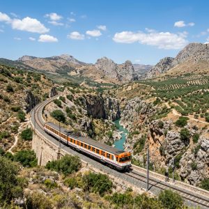 Tren regional de Renfe circulando por las vías de montaña de la Serranía de Ronda