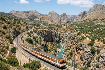 Tren regional de Renfe circulando por las vías de montaña de la Serranía de Ronda